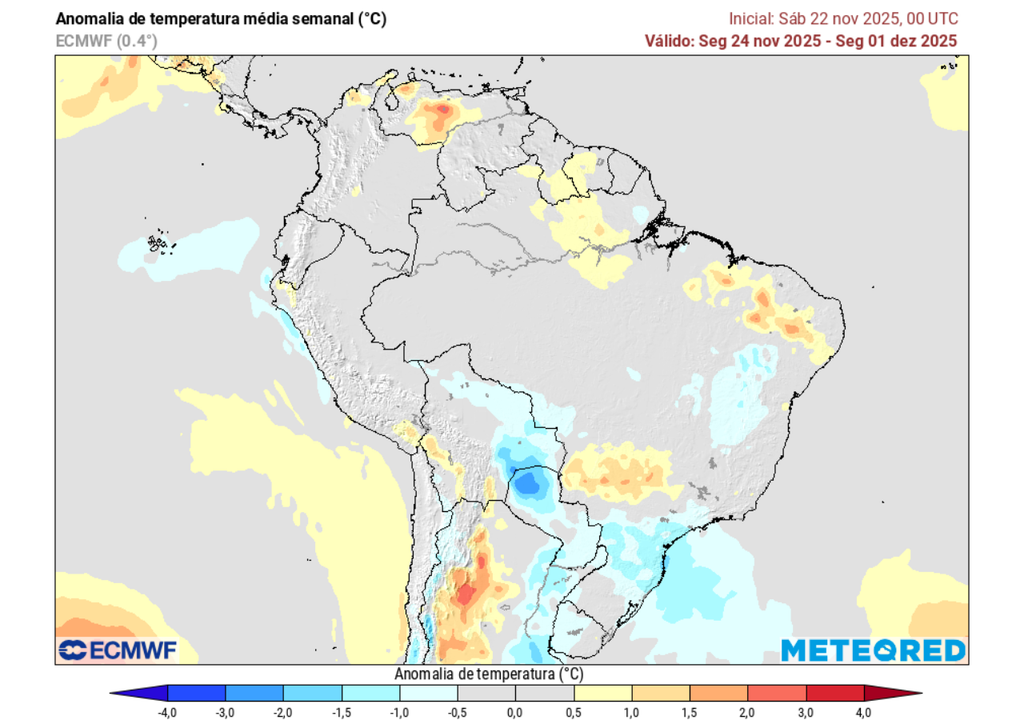 Previsão de anomalia semanal de temperatura, de acordo com o ECMWF.