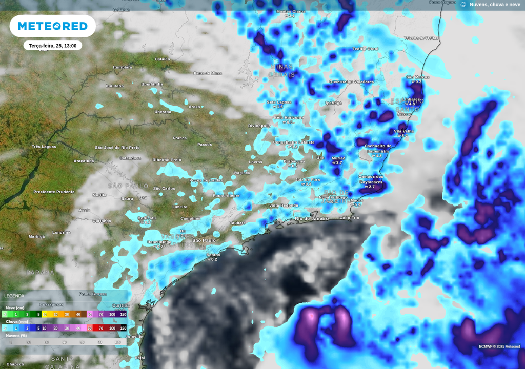 Previsão de chuva nesta terça-feira (25), de acordo com o ECMWF.