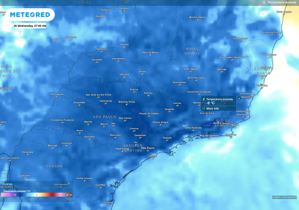Previsão de anomalia de temperatura mínima nesta quarta-feira (26), de acordo com o ECMWF.