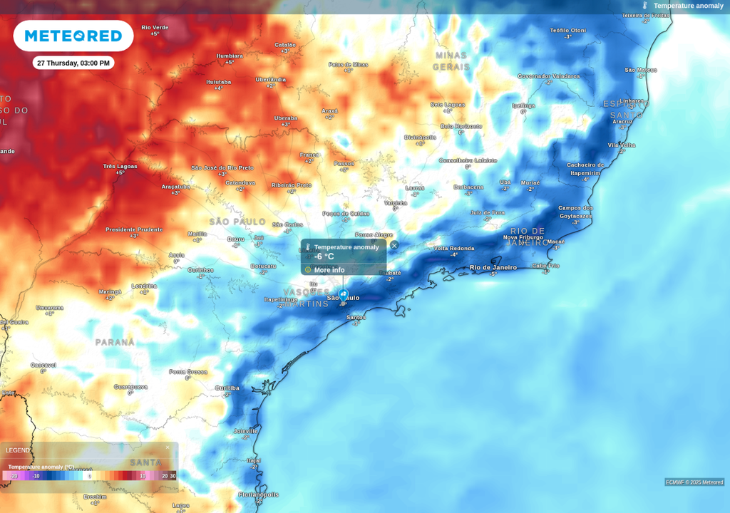 Previsão de anomalia de temperatura máxima nesta quinta-feira (27), de acordo com o ECMWF.