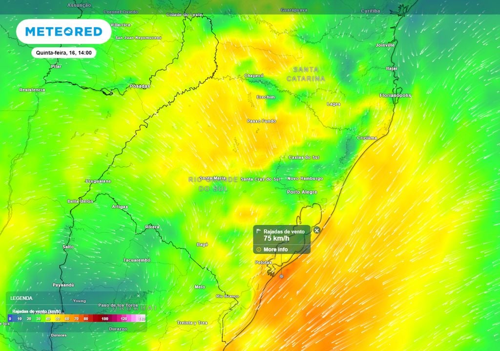 Previsão de rajadas de vento na quinta-feira durante a tarde mostra velocidades de até 75 km/h na região litorânea do Rio Grande do Sul, o que pode causar transtornos para a população.
