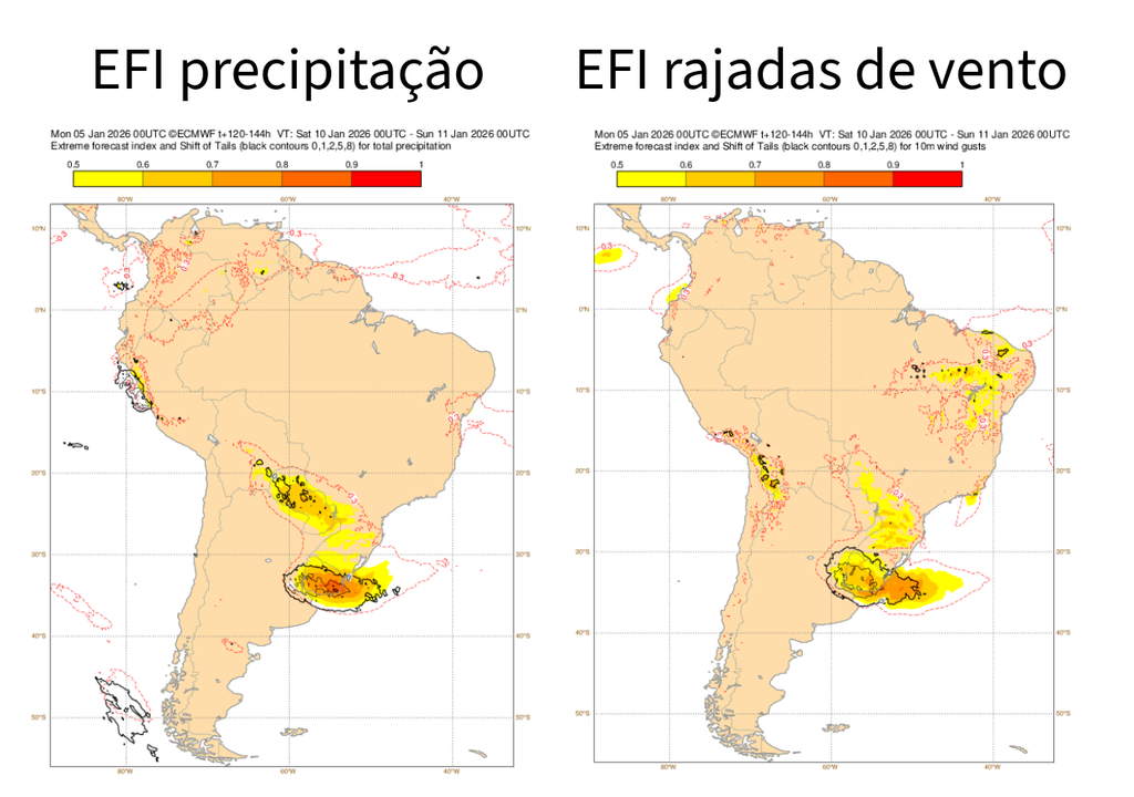 EFI do ECMWF para precipitação (esquerda) e rajada de vento (direita) no próximo sábado (10). Créditos: adaptado de ECMWF.