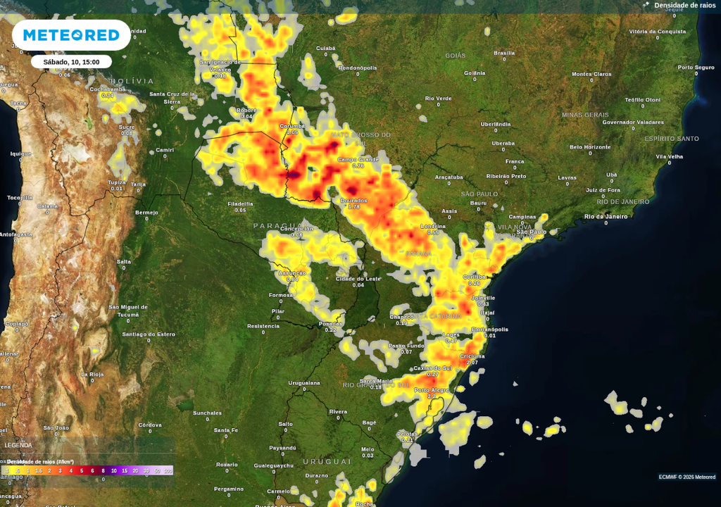 Previsão de tempestades no próximo sábado (10), de acordo com o ECMWF.