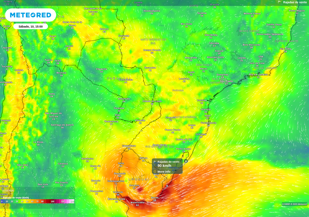 Previsão de rajadas de vento neste sábado (10), de acordo com o ECMWF.