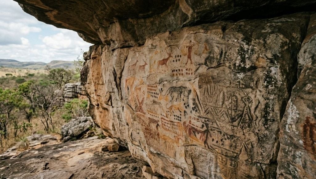 Milhares de pinturas e gravuras rupestres documentam a presença humana pré-histórica nos abrigos – Imagem criada por inteligência artificial (ChatGPT / Olhar Digital) Milhares de pinturas e gravuras rupestres documentam a presença humana pré-histórica nos abrigos – Imagem criada por inteligência artificial. Crédito: Divulgação Olhar Digital