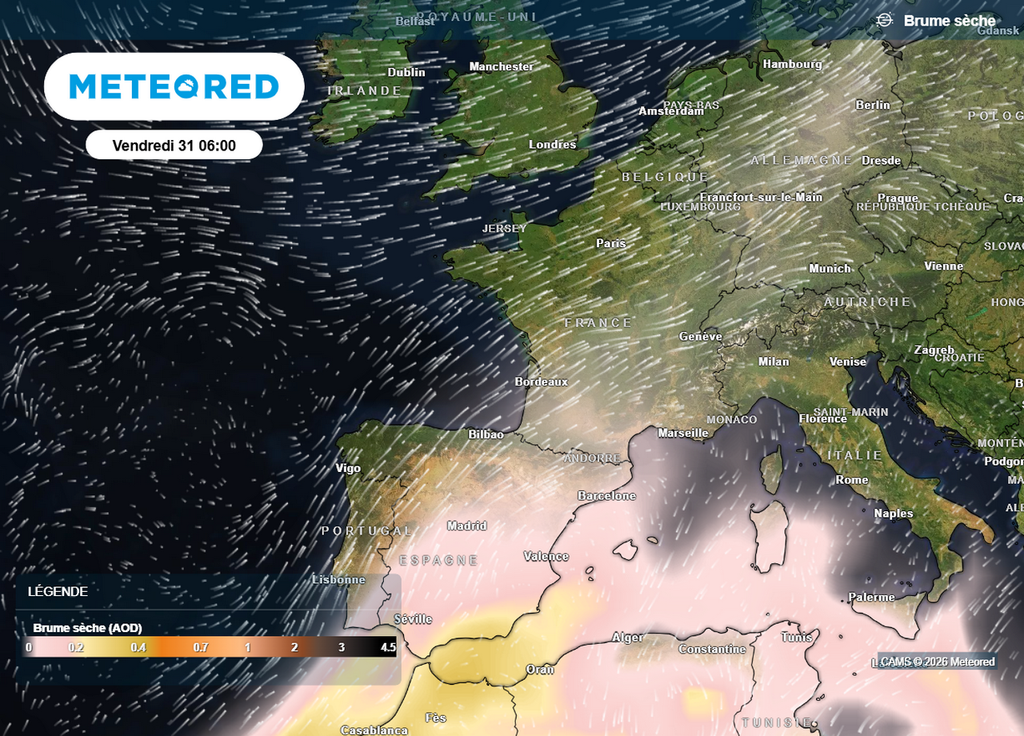 Les poussières de sable s'étendront peu à peu vers le nord entre jeudi et vendredi mais les concentrations resteront plus notables en allant vers le sud-ouest