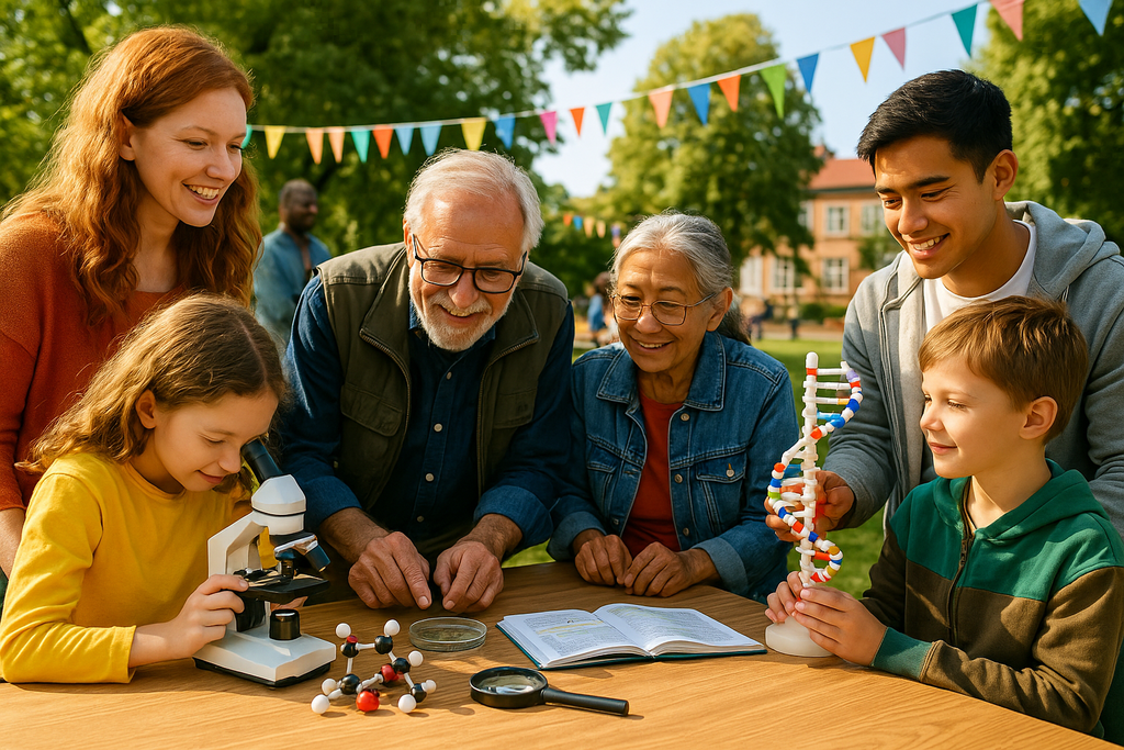 Vecinos y vecinas de distintas edades participan en una feria científica comunitaria al aire libre, donde la curiosidad, la colaboración y el juego se mezclan con la ciencia. Una escena que refleja el espíritu de los nuevos fondos del Ministerio de Ciencia para iniciativas locales.