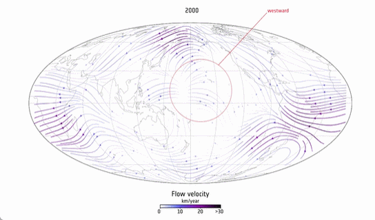 Cambio en el flujo del núcleo fundido de la Tierra entre 1997 y 2025. Crédito: ESA (fuente de datos: Madsen et al, 2026).