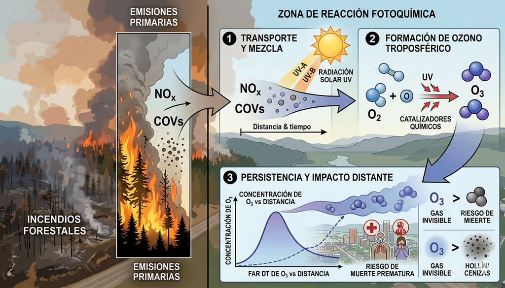 Los óxidos de nitrógeno (NOx) son gases irritantes liberados por los incendios que, además, juegan un papel crucial en la formación de ozono troposférico (un contaminante secundario); además, los compuestos orgánicos volátiles (COV) se refiere a una amplia gama de compuestos carbonados que se evaporan fácilmente. Algunos son tóxicos y, al igual que los NOx, son precursores en la formación de ozono troposférico.