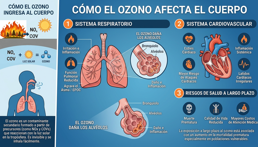 La reacción fotoquímica origina una importante concentración de ozono troposférico, incluso a varios kilómetros del incendio, poniendo en peligro la salud de las personas de manera silenciosa, cuando el humo, cenizas y hollín no son visibles.