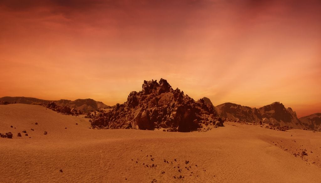 Marte tiene un paisaje que se caracteriza por su desolación, amplitud y color. Imagen que recrea el planeta rojo a partir de una fotografía de las Cañadas del Teide.