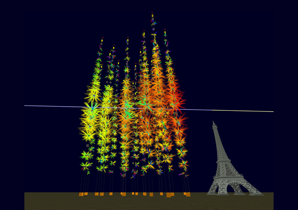 Representación de la detección del neutrino en KM3NeT. El dibujo de la torre Eiffel es para apreciar la escala de los cables que forman las unidades de detección. Imagen: KM3NeT.