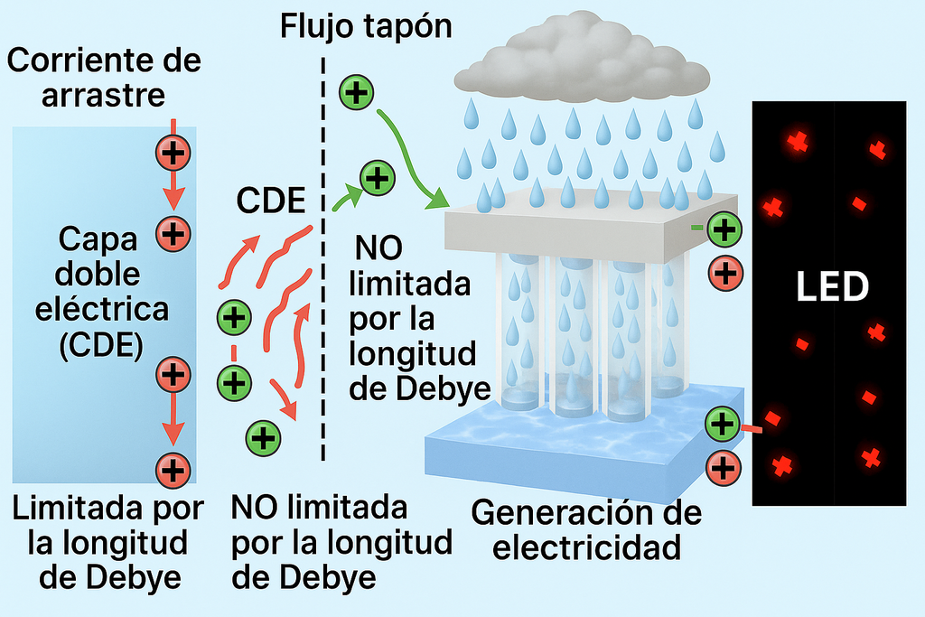 Esquema comparativo de la generación de electricidad a partir del flujo de agua, mostrando la influencia de la longitud de Debye en el proceso. Esquema comparativo de la generación de electricidad a partir del flujo de agua, mostrando la influencia de la longitud de Debye en el proceso.