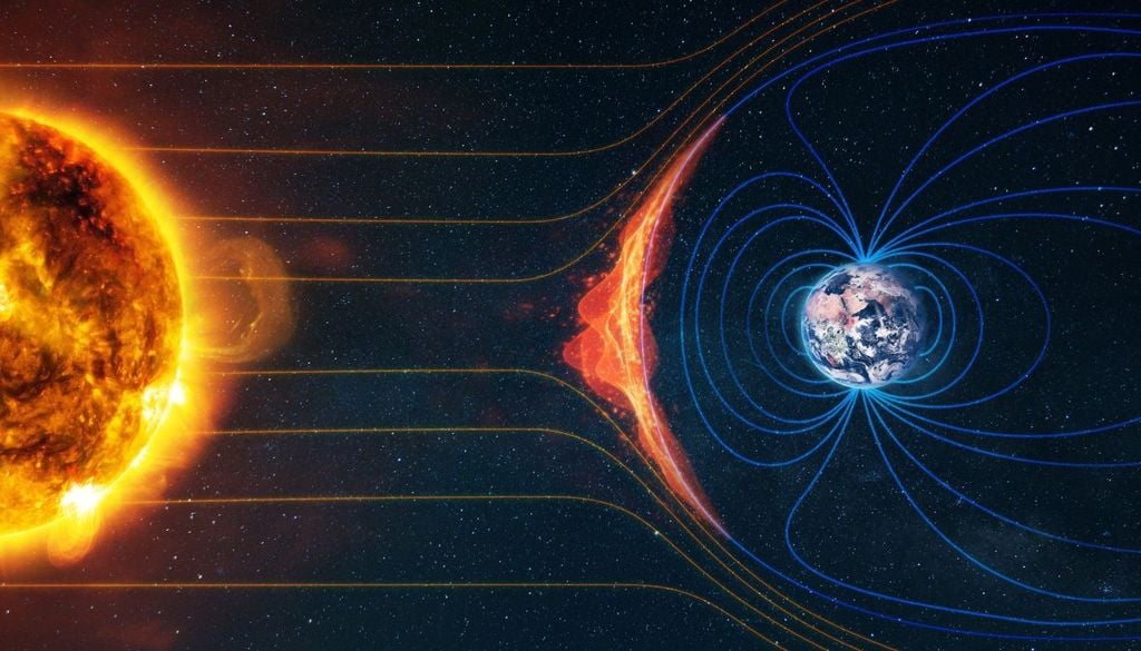 El plasma y partículas cargadas procedentes del Sol son desviadas por la magnetosfera terrestre.
