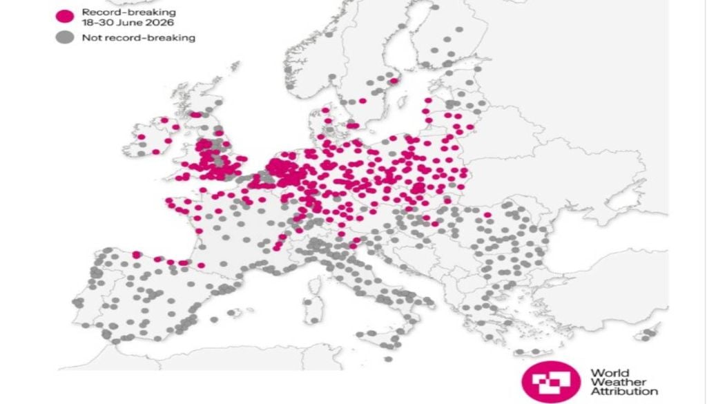 Stress térmico De 18 a 30 junho 2026 - Semana histórica de stress térmico na Europa - Os dados mostram que 45% das 854 cidades analisadas bateram recordes históricos de stress térmico (Temperatura do Bolbo Húmido - medida do stress térmico ambiental sobre o corpo humano) (Fonte: World Weather Attribution)