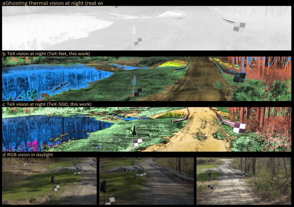 Comparação incrível entre imagens térmicas comuns, imagens geradas pelo HADAR e fotografias reais do local tiradas durante o dia.