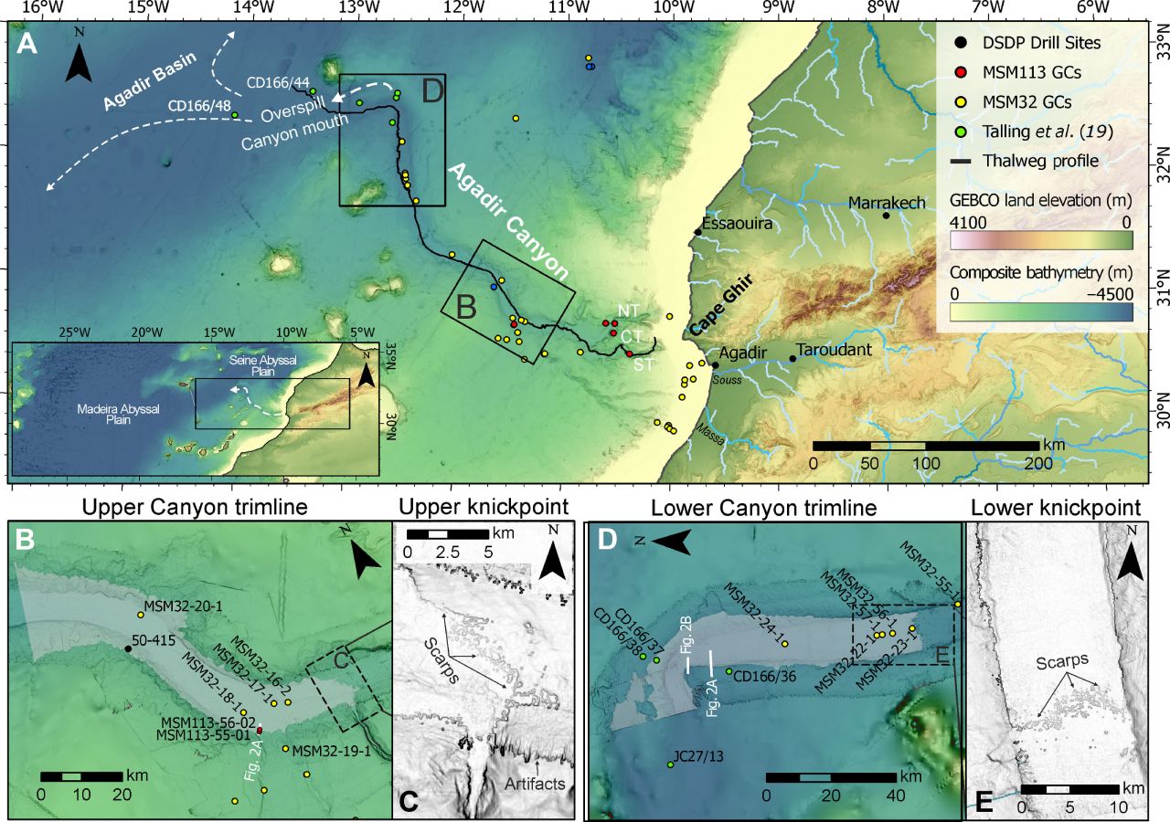 Mapa geral da borda noroeste de África que mostra o percurso do fenómeno e as suas marcas de erosão no fundo do mar. Crédito: Universidade de Liverpool