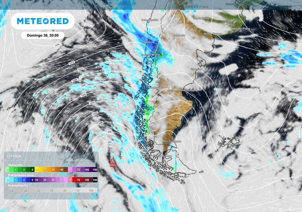 Sinoptica Patagonia Para el día domingo 30 de agosto un segundo frente frío estará cruzando la Patagonia afectando especialmente a la cordillera con lluvias y nevad que también se extenderán a sectores de la estepa del noroeste de Chubut.