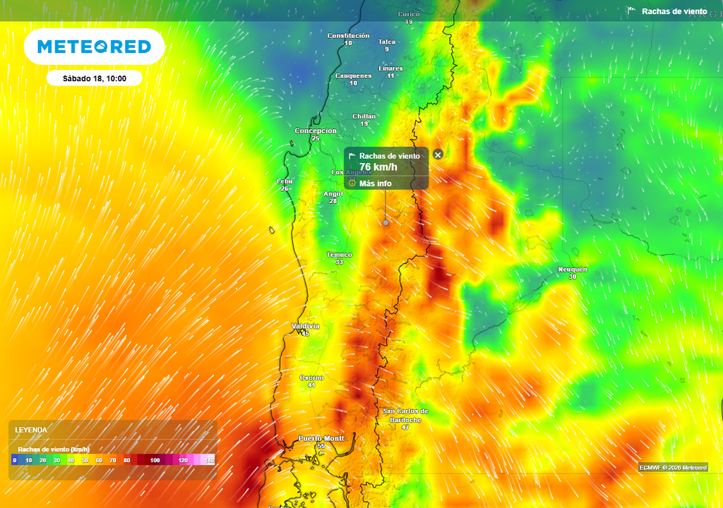 Rachas de viento (km/h) para la mañana del sábado 18 de abril 2026 en Chile centro-sur.