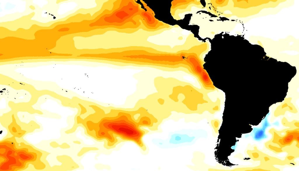La proyección estacional de anomalías de TSM para mayo–julio de 2026 muestra un predominio de aguas más cálidas en el Pacífico ecuatorial, especialmente frente a Sudamérica, reforzando la señal de un escenario cálido en desarrollo. Crédito: CIIFEN / NMME