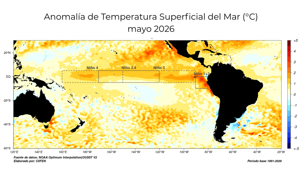 El CIIFEN mostró anomalías cálidas de temperatura superficial del mar en el Pacífico Ecuatorial en mayo 2026, con valores entre 1° y 3 °C sobre lo normal y una intensificación frente a Ecuador y Perú. Fuente: CIIFEN / NOAA OISSTv2.