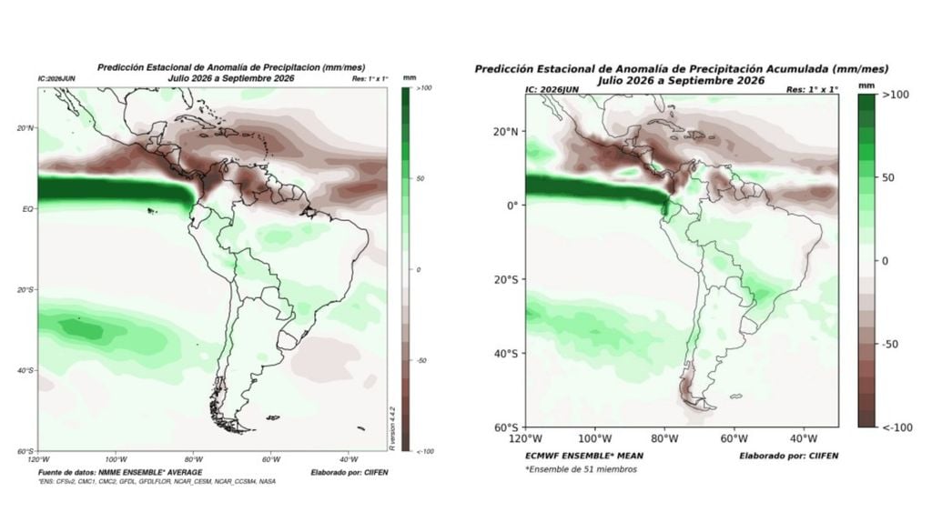 CIIFEN proyecta precipitaciones sobre lo normal en el centro de Chile para el trimestre julio-septiembre de 2026, mientras el sur del país podría presentar lluvias bajo lo normal.