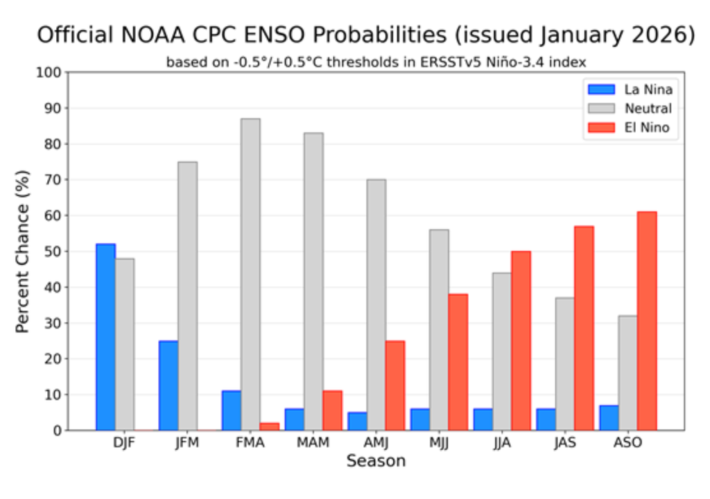 Probabilidades de ENOS muestran una alta chance de transición hacia condiciones neutrales entre febrero y abril de 2026, con predominio de esta fase durante el otoño. En fase neutral, la variabilidad regional cobra mayor relevancia en los eventos meteorológicos. Crédito: NOAA CPC / CIIFEN.