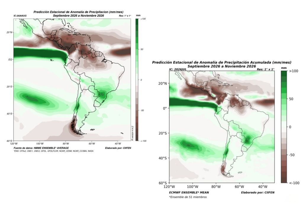 Los modelos NMME y ECMWF proyectan para septiembre-noviembre lluvias sobre lo normal en el centro de Chile, mientras que el sur presenta una señal de precipitaciones bajo el promedio. Los modelos NMME y ECMWF proyectan para septiembre-noviembre lluvias sobre lo normal en el centro de Chile, mientras que el sur presenta una señal de precipitaciones bajo el promedio. Fuente: NMME, ECMWF/CIIFEN.