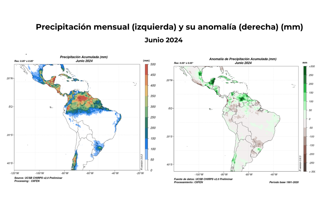 Precipitación mensual (mm) de junio 2024 y anomalía de precipitación acumulada (mm) del mismo mes. Precipitación mensual (mm) de junio 2024 y anomalía de precipitación acumulada (mm) del mismo mes.
