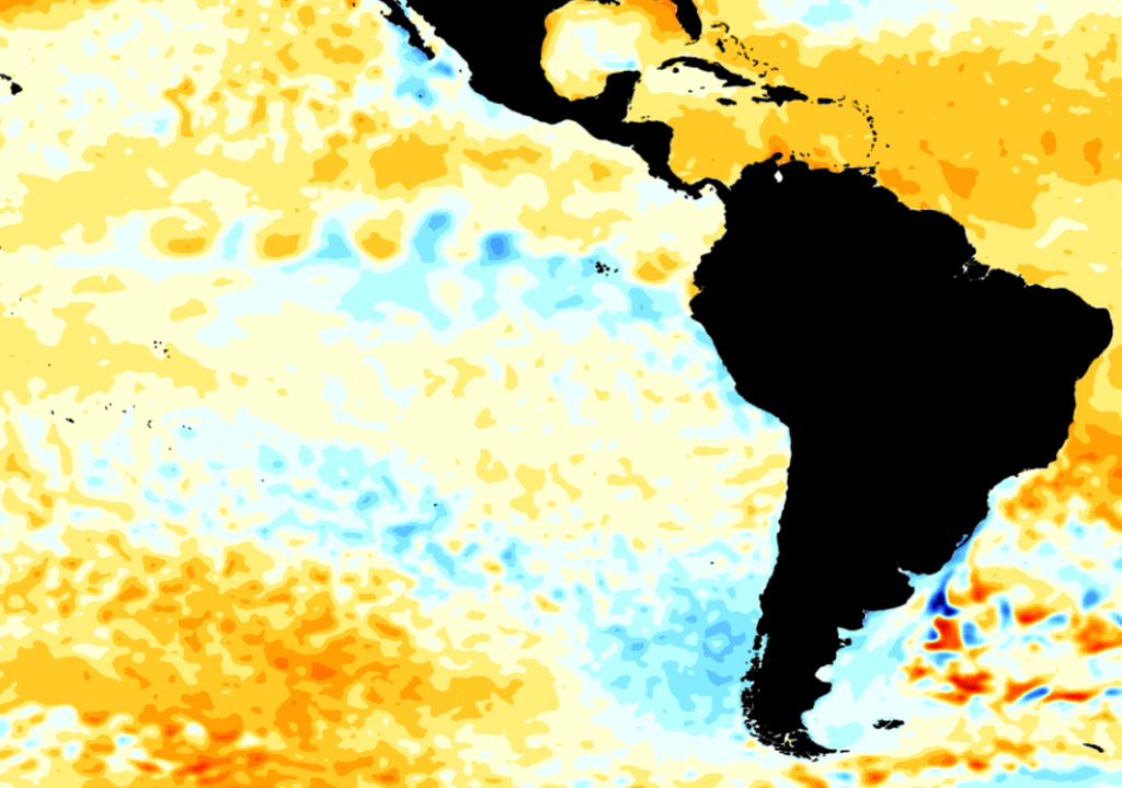 Mapa de anomalía de temperatura superficial del mar (°C)