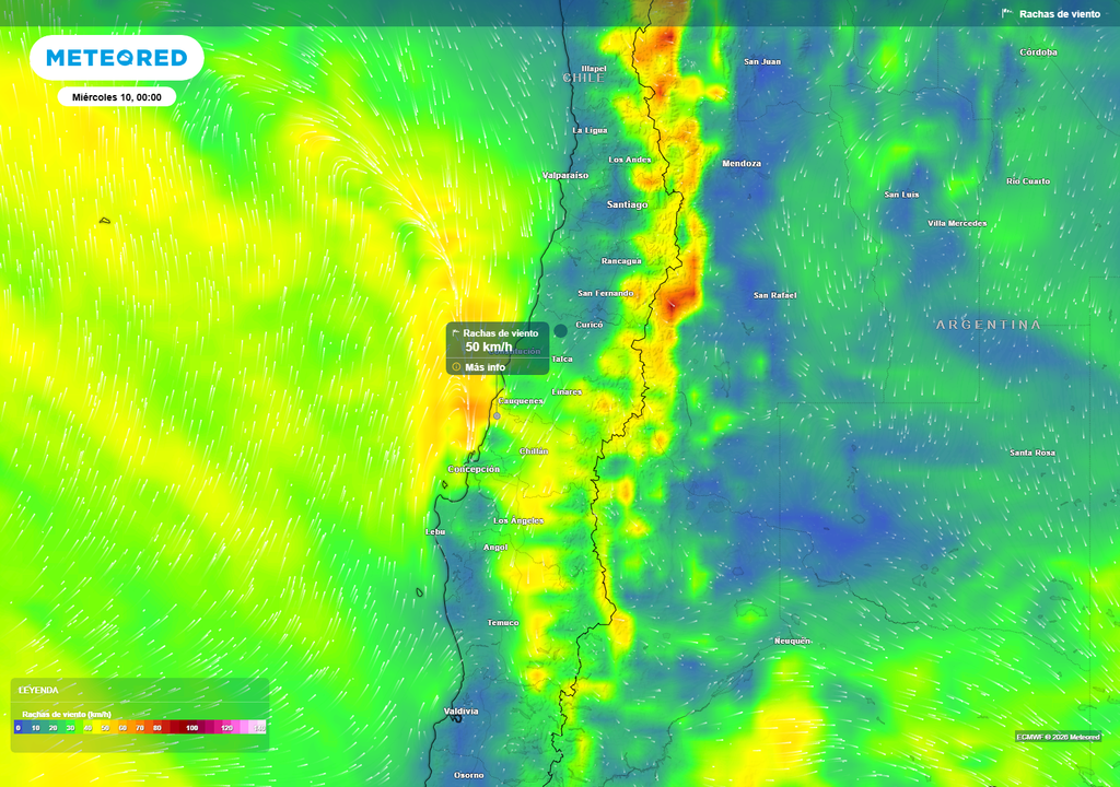 Rachas de viento moderadas a fuertes entre la zona central y centro-sur durante la madrugada del miércoles 10 de junio. El viento estará asociado al avance del sistema frontal y afectaría sectores de costa, valles y cordillera.