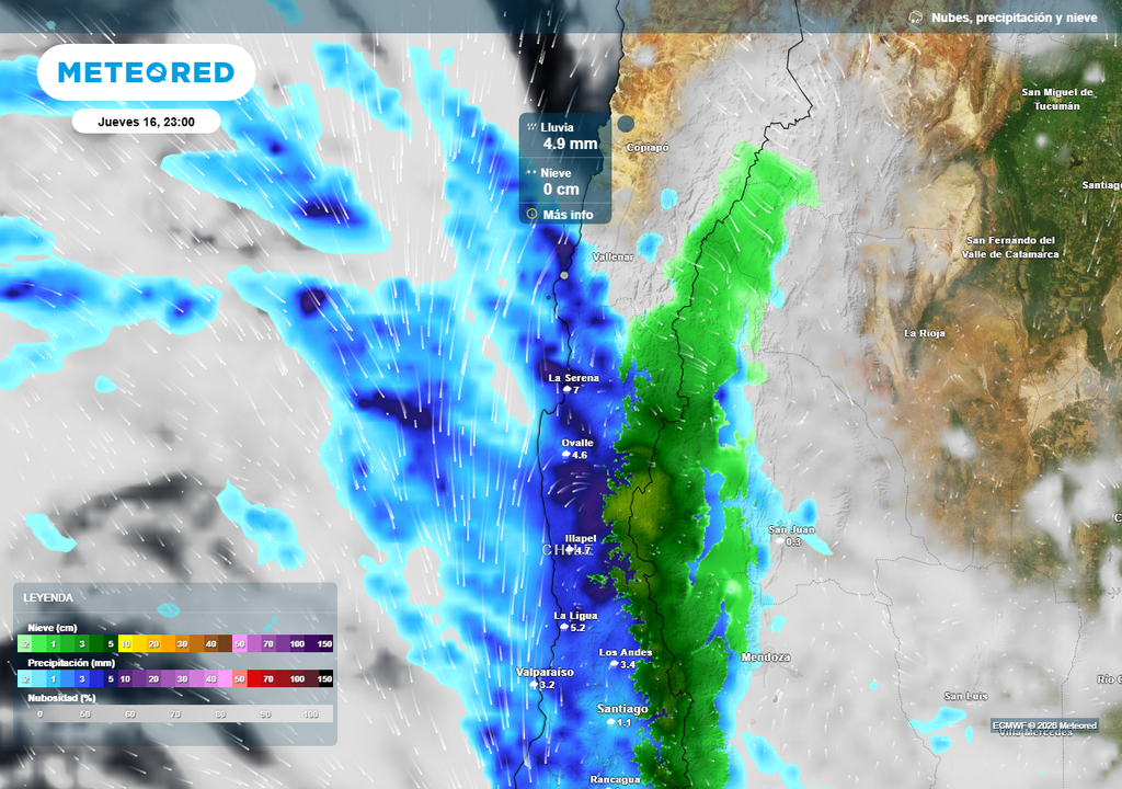 Precipitación (mm) para la noche del jueves (16) en las regiones de Atacama y Coquimbo.