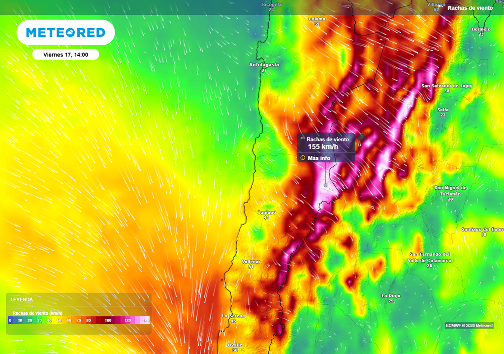 Rachas de viento (km/h) para la tarde del viernes (17) en las regiones de Antofagasta y Atacama.
