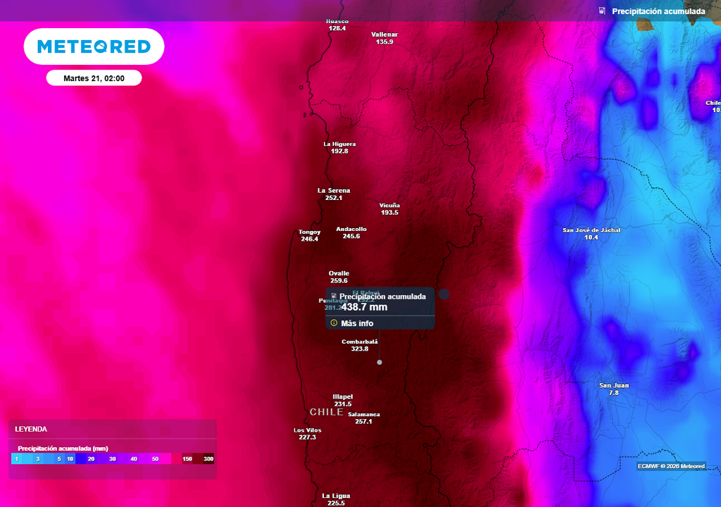 Precipitación acumulada (mm) hasta la madrugada del martes (21) en las regiones de Atacama y Coquimbo.