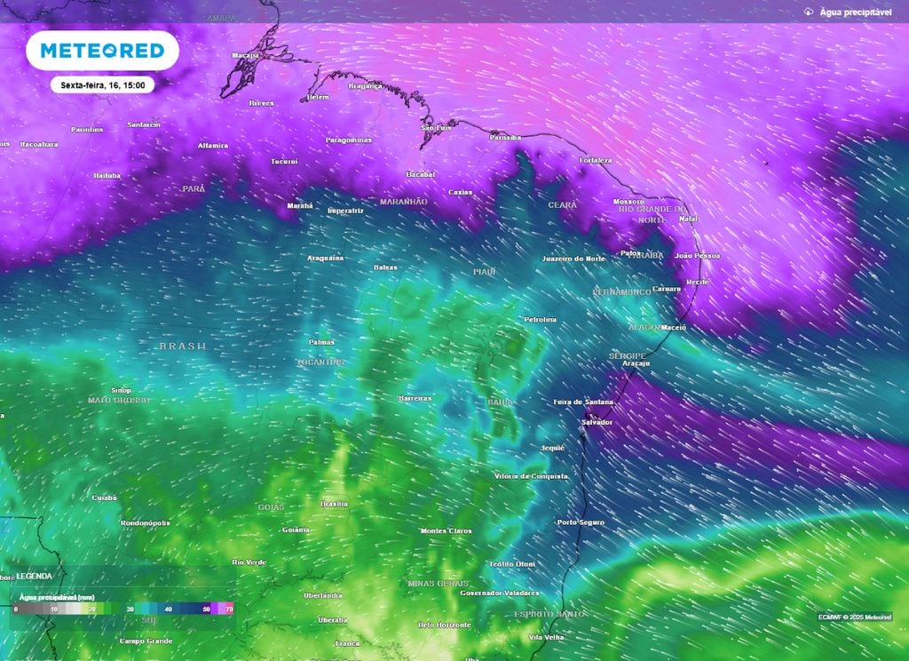 Mapa de água precipitável para a tarde de sexta-feira, 16 | Imagem: Meteored/Reprodução