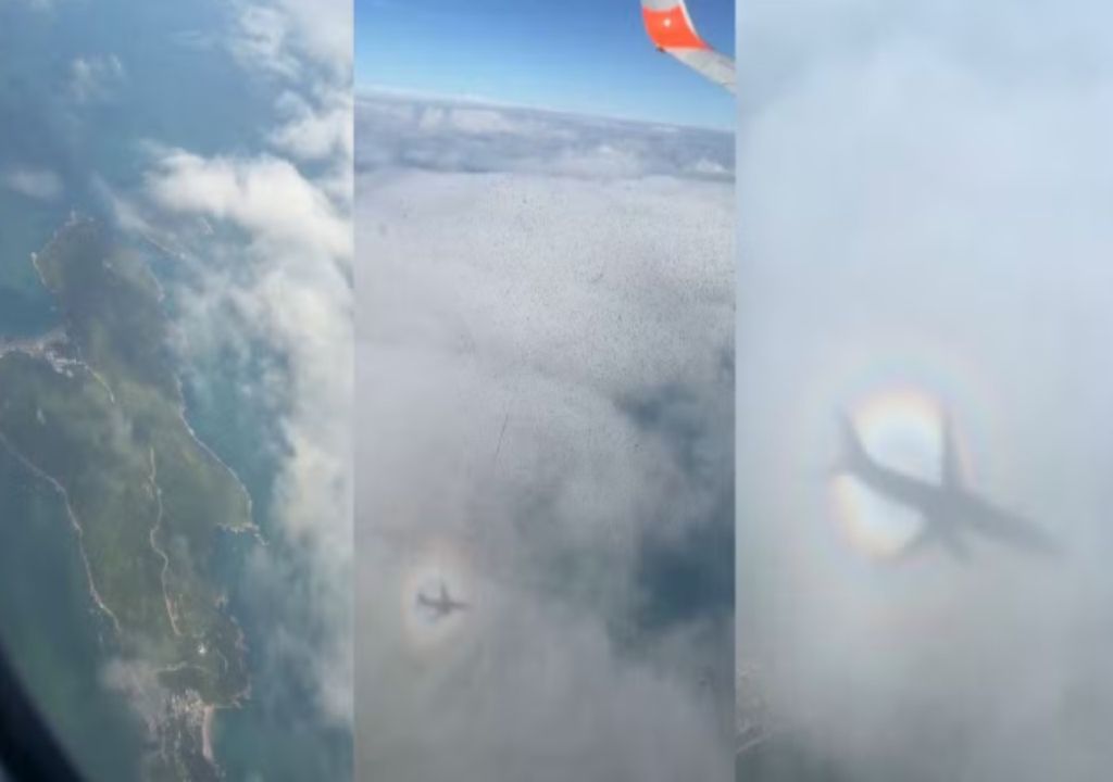 Fenômeno em forma de ‘bolha’ de luz ao redor de avião em SC surpreendeu passageiros — Foto: Arquivo pessoal/Manuela Garcia de Souza