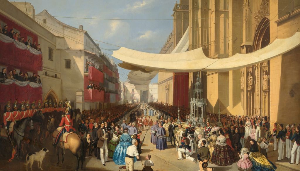 En la obra 'La procesión del Corpus en Sevilla', de Manuel Cabral y Aguado Bejarano, se muestra la capital hispalense cubierta con velas de sombra a mediados del siglo XIX. Museo del Prado.