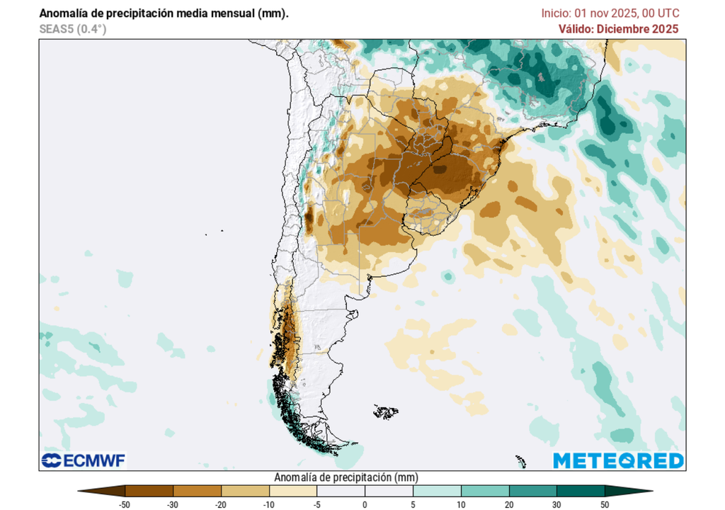 En el mapa se observa en color café las anomalías negativas de precipitación (concentradas en el sur) y las positivas de color verde (principalmente hacia la cordillera central).