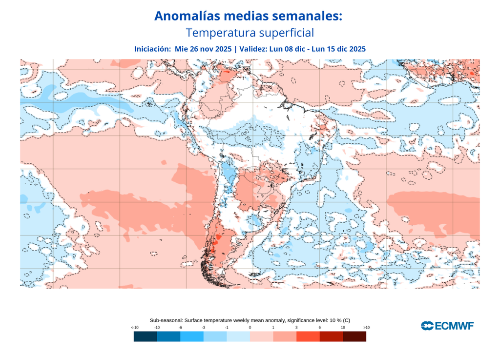 En la segunda semana de diciembre, podría ocurrir un episodio de alza térmica en el sur de Chile: se evidencia en el color rojo del mapa ubicado en la zona austral.