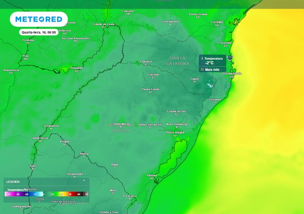 Previsão de temperaturas mínimas na quarta-feira. Previsão de temperaturas mínimas na quarta-feira mostra que há possibilidade de temperaturas negativas na região da Serra Catarinense, com formação de geadas fortes na área.