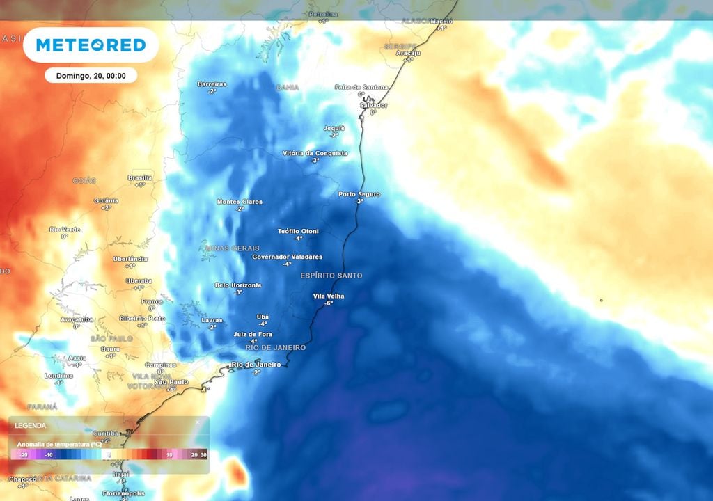 Previsão de anomalias de temperatura em 850 hPa no final do sábado. Previsão de anomalias de temperatura em 850 hPa no final do sábado mostra a massa de ar frio sobre parte do Sudeste e também Bahia, fazendo as temperaturas caírem no estado nordestino.