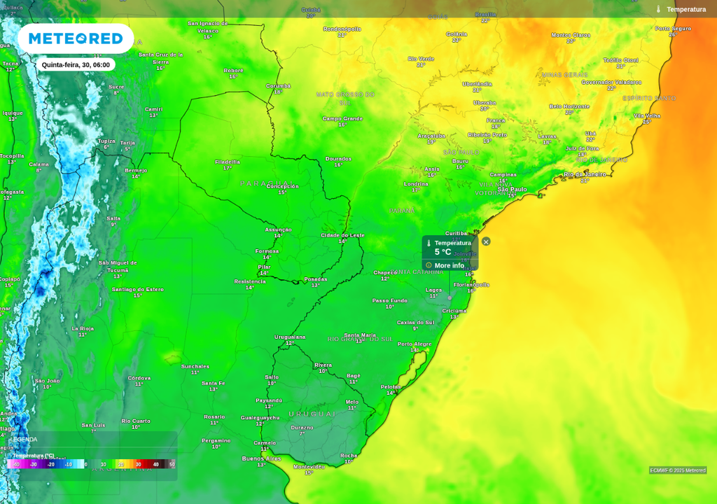 Previsão de temperatura mínima nesta quinta-feira (30), de acordo com o ECMWF.