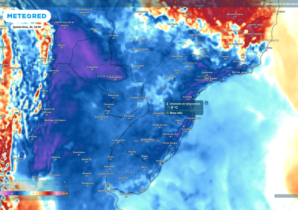Previsão de anomalia de temperatura máxima nesta quinta-feira (30), de acordo com o ECMWF.