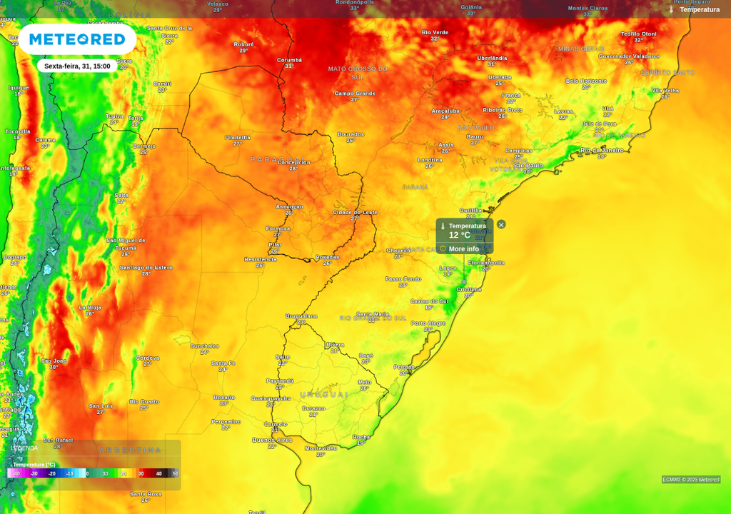 Previsão de temperatura máxima na tarde de sexta-feira (31), de acordo com o ECMWF.