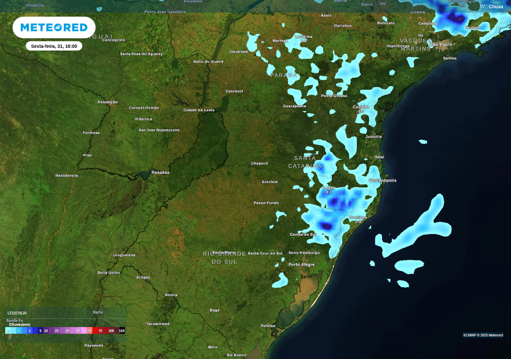 Previsão de chuva nesta sexta-feira (31), de acordo com o ECMWF.