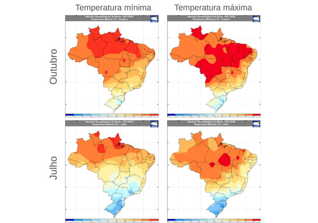 Normais climatológicas (1991-2020) do INMET para temperatura mínima (esquerda) e máxima (direita) para os meses de outubro (superior) e julho (inferior). Créditos: Adaptado de INMET.