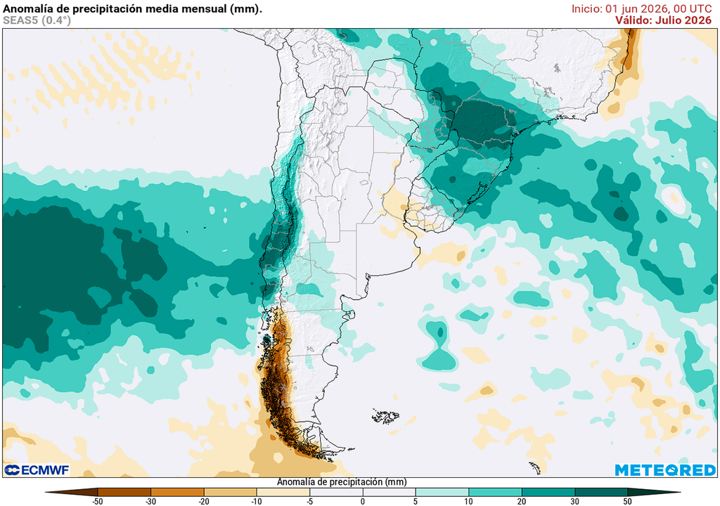 Anomalía de precipitaciones prevista para el mes de julio según el modelo ECMWF