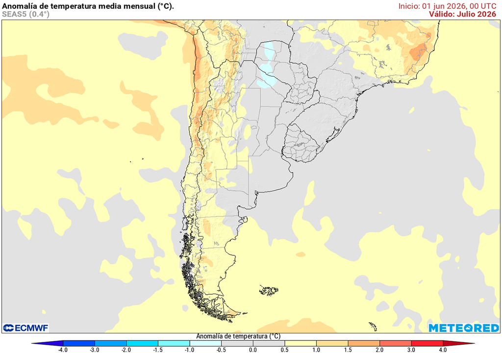 Anomalía de temperatura prevista para el mes de julio según el modelo ECMWF