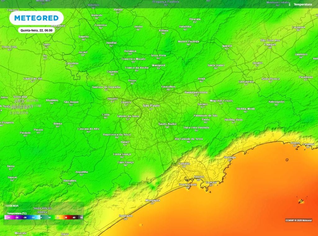 Previsão de temperatura mínima (em °C) para a quinta-feira (22) de manhã (6h), segundo o modelo europeu ECMWF.