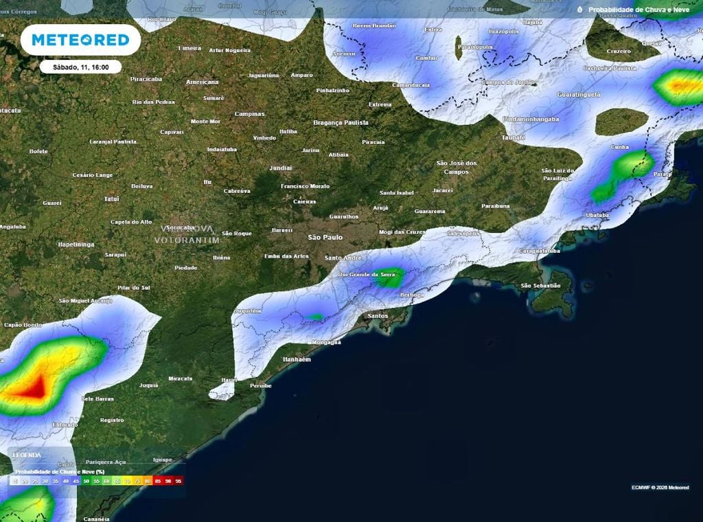 Previsão da probabilidade de precipitação (%) para sábado (11) às 16h, segundo o modelo europeu ECMWF, indicando que na capital paulista não há potencial para chuvas neste dia.